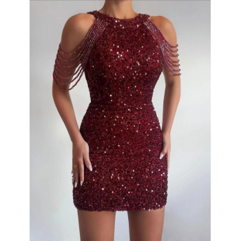 Mini Dress Sparkly Sequined Chain Beads Cocktail Party Formal Bodycon Round Collar Long sleeve High neck Dress L Deep red