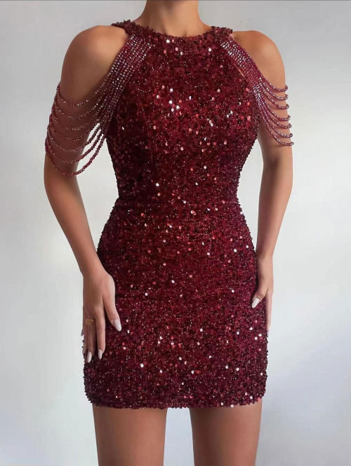 Mini Dress Sparkly Sequined Chain Beads Cocktail Party Formal Bodycon Round Collar Long sleeve High neck Dress L Deep red