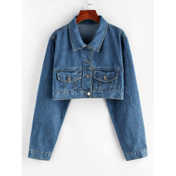 Double Pockets Denim Cropped Jacket M Blue