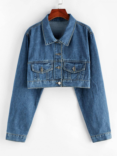 Double Pockets Denim Cropped Jacket M Blue