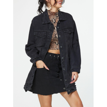 Ripped Drop Shoulder Longline Denim Jacket Xs Black