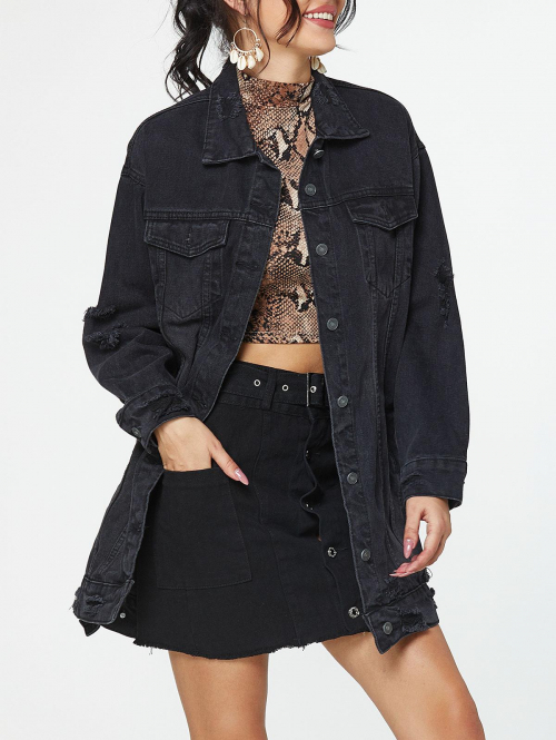 Ripped Drop Shoulder Longline Denim Jacket Xs Black