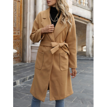 Drop Shoulder Belted Pocket Longline Wool Blend Coat L Coffee