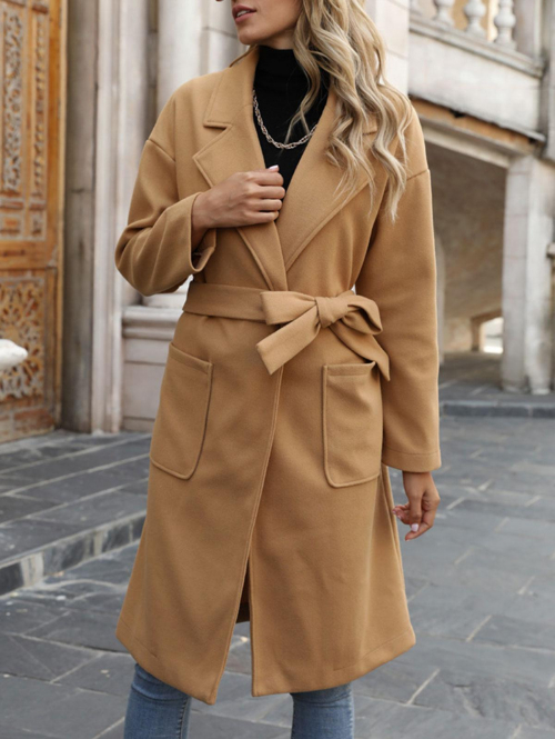 Drop Shoulder Belted Pocket Longline Wool Blend Coat L Coffee