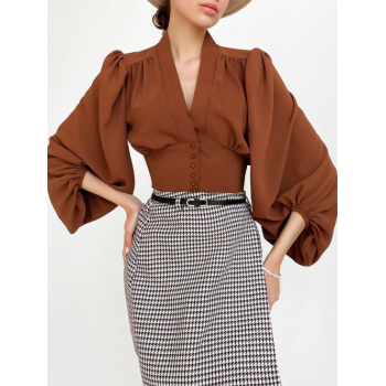 Women Blouses Lantern Sleeve Button Up Crop Corset Blouse S Coffee