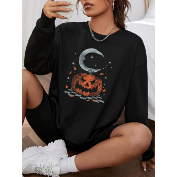 Women Hoodies Halloween Pumpkin Moon Print Pullover Sweatshirt M Black