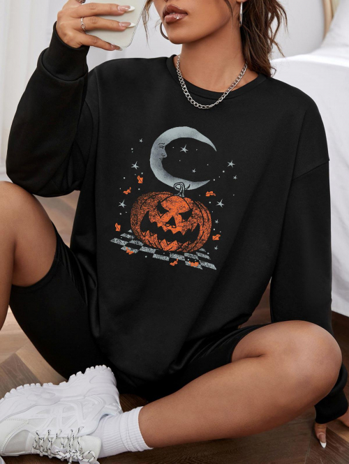 Women Hoodies Halloween Pumpkin Moon Print Pullover Sweatshirt M Black