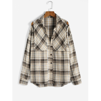 ZAFUL Plaid Cut Out Shoulder Button Down Shirt L Light coffee