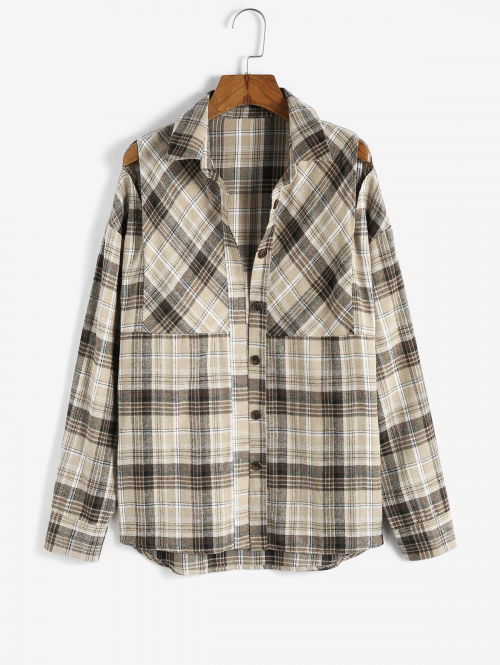 ZAFUL Plaid Cut Out Shoulder Button Down Shirt L Light coffee