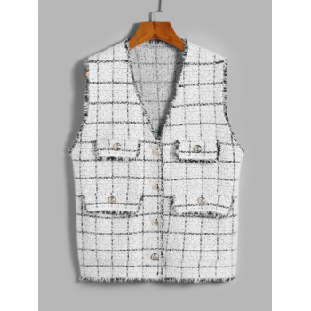 Plaid Frayed Flap Detail Vest Cardigan White