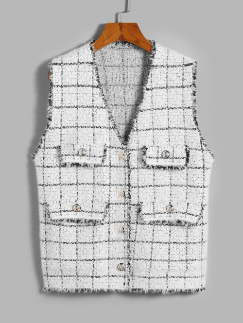 Plaid Frayed Flap Detail Vest Cardigan White