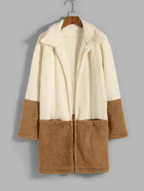 Colorblock Longline Fluffy Coat L Coffee