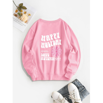 Women Hoodies Crewneck HAPPY HOLIDAY Floral Graphic Sweatshirt S Light pink