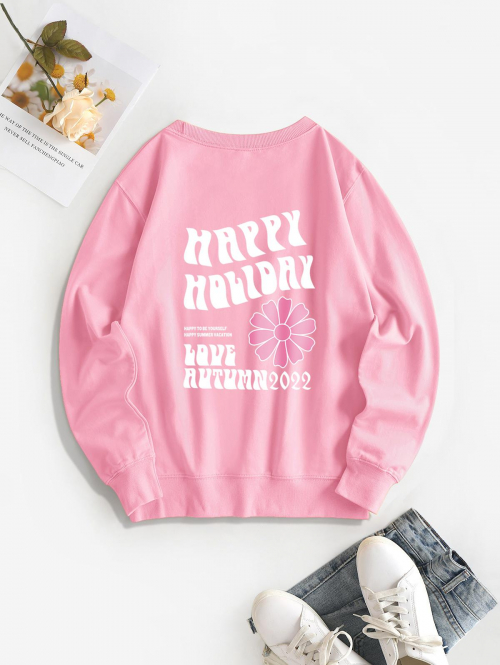 Women Hoodies Crewneck HAPPY HOLIDAY Floral Graphic Sweatshirt S Light pink