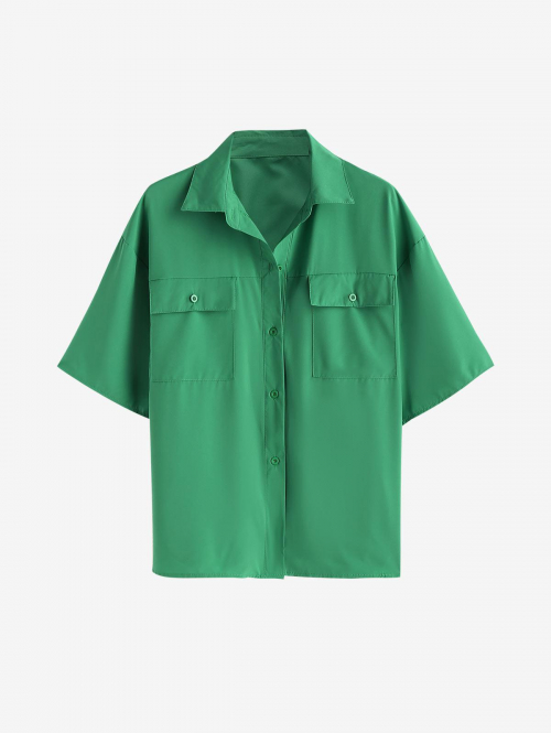 Drop Shoulder Pocket Loose Shirt S Green