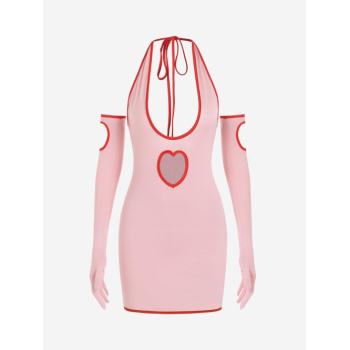 Mini Dress Heart Cut Halter Mini Dress with Detachable Sleeves S Light pink