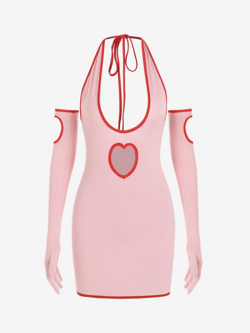 Mini Dress Heart Cut Halter Mini Dress with Detachable Sleeves S Light pink