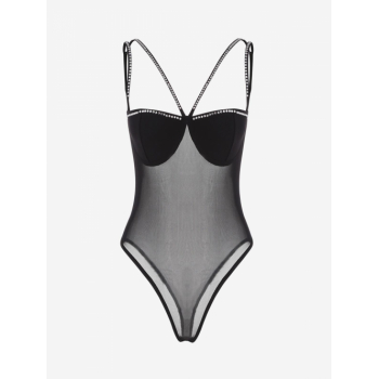 Women Bodysuits Mesh See Thru Diamante Trim Bodysuit S Black