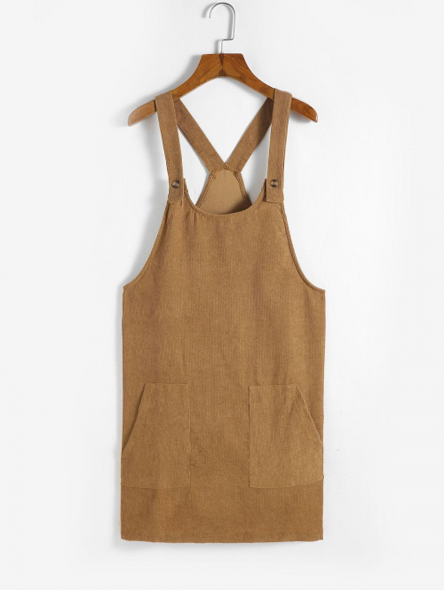 Mini Dress Corduroy Pocket Mini Pinafore Dress L Coffee