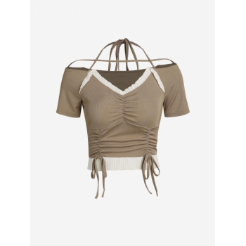 Fashion Women Tees Frilled Cinched Halter Strappy Ruched Tee L Light coffee