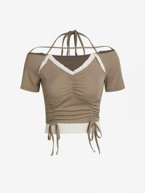 Fashion Women Tees Frilled Cinched Halter Strappy Ruched Tee L Light coffee