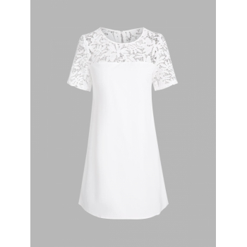 Women Lace Yoke Mini Tunic Dress M White