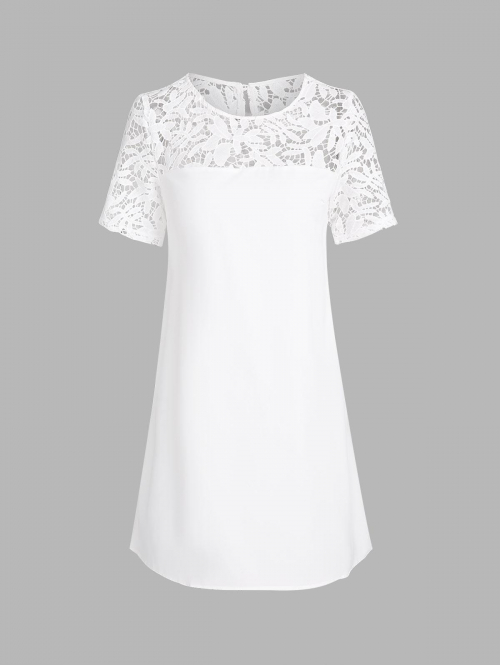 Women Lace Yoke Mini Tunic Dress M White