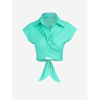 Criss Cross Tie Back Cropped Shirt M Green