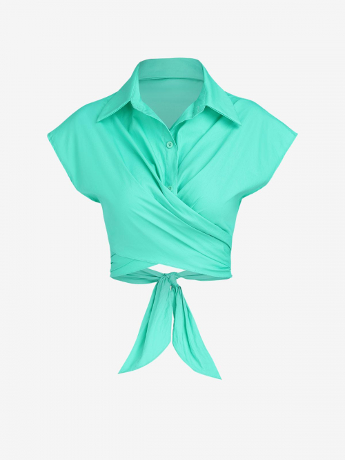 Criss Cross Tie Back Cropped Shirt S Green