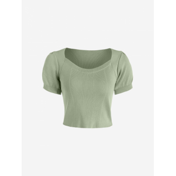 Fashion Women Tees Knitted Puff Sleeve Crop T Shirt Light green