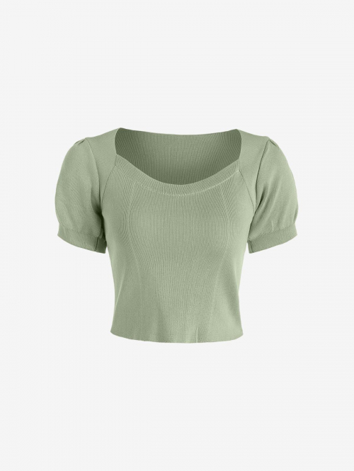 Fashion Women Tees Knitted Puff Sleeve Crop T Shirt Light green