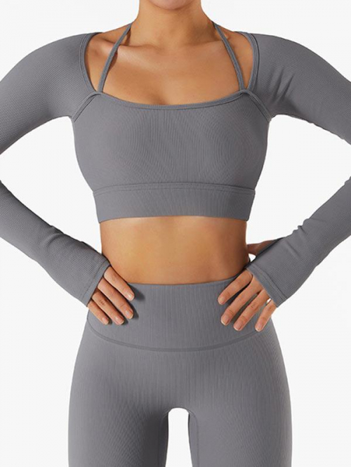 Women Sporty Tees Long Sleeves Halter Neck Quick Dry Yoga Sport Top S Light gray