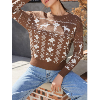 Women Crewneck Xmas Fair Isle Sweater Light coffee