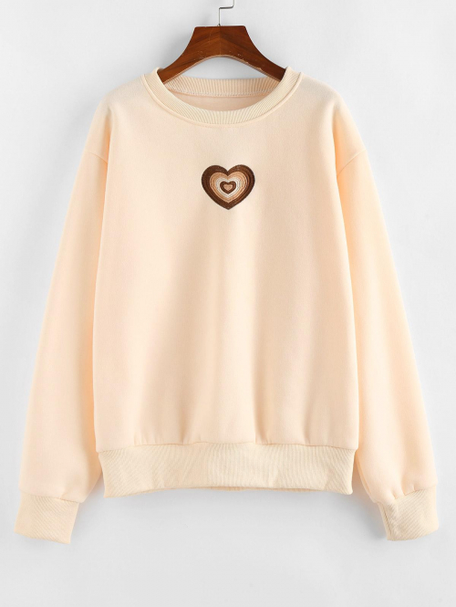 Women Hoodies ZAFUL Heart Embroidered Valentines Loose Sweatshirt L Light coffee