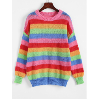 Women Crew Neck Drop Shoulder Rainbow Stripes Sweater M