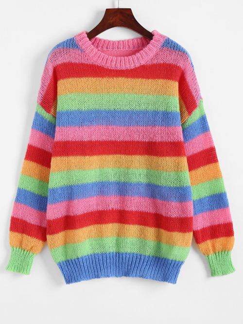 Women Crew Neck Drop Shoulder Rainbow Stripes Sweater M