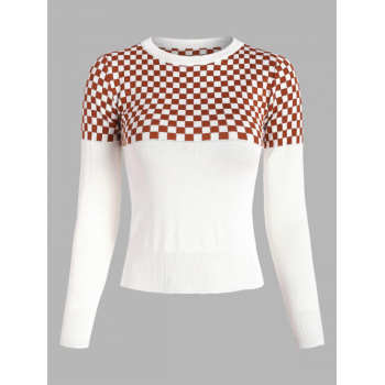 Women Crewneck Checkerboard Graphic Sweater Deep coffee