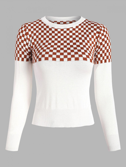 Women Crewneck Checkerboard Graphic Sweater Deep coffee