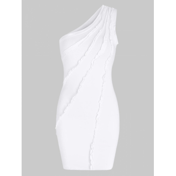 Bodycon Dress One Shoulder Frilled Trim Slinky Tank Dress M White