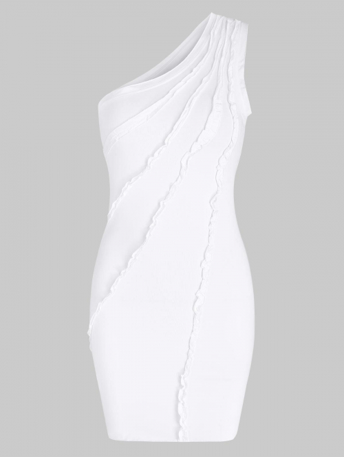 Bodycon Dress One Shoulder Frilled Trim Slinky Tank Dress M White