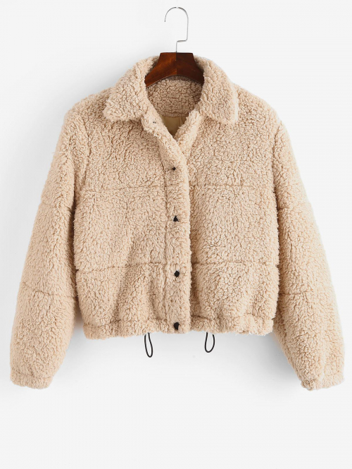 ZAFUL Snap Button Toggle Drawstring Teddy Coat M Cinnamon