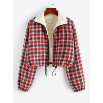 ZAFUL Plaid Faux Shearling Lined Drawstring Zip Jacket Xl Red