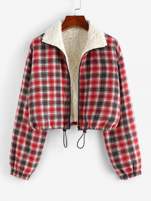 ZAFUL Plaid Faux Shearling Lined Drawstring Zip Jacket Xl Red