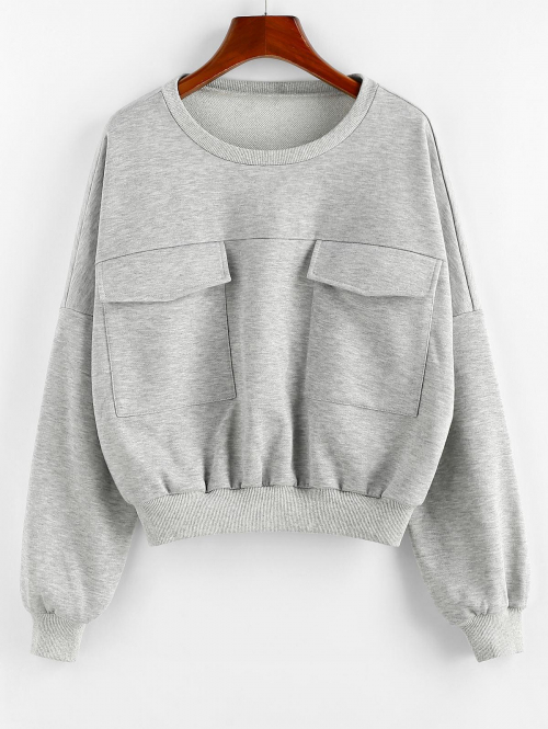 Women Hoodies ZAFUL Drop Shoulder Flap Pockets Cargo Sweatshirt M Gray