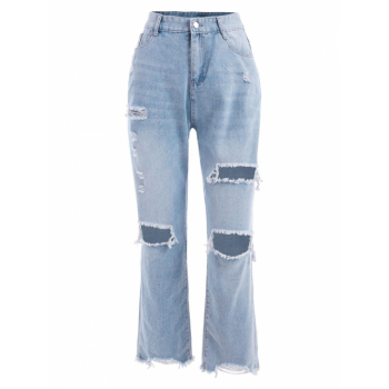 Rip Frayed Hem Boyfriend Jeans M Light blue