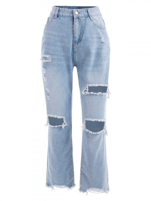 Rip Frayed Hem Boyfriend Jeans M Light blue