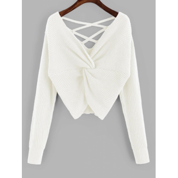 Women ZAFUL Twisted Criss Cross Drop Shoulder Sweater S Milk white