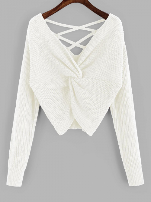 Women ZAFUL Twisted Criss Cross Drop Shoulder Sweater S Milk white