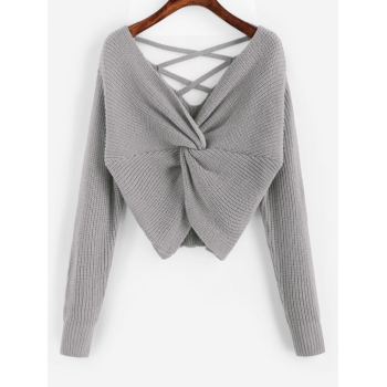 Women ZAFUL Twisted Criss Cross Drop Shoulder Sweater M Gray cloud