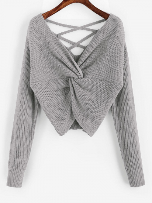 Women ZAFUL Twisted Criss Cross Drop Shoulder Sweater M Gray cloud